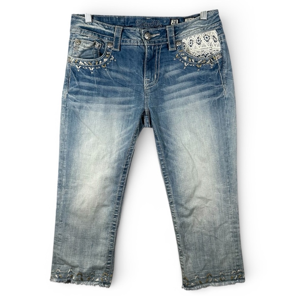 Embellished Blue Denim Cropped Jeans
